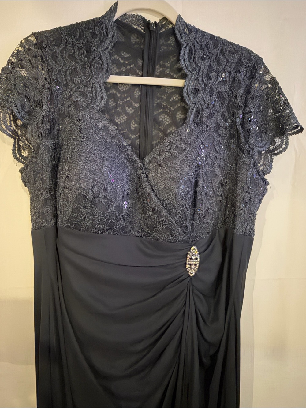 Betsy & Adam Smokey Gray 
Lace Sequin Evening Gown